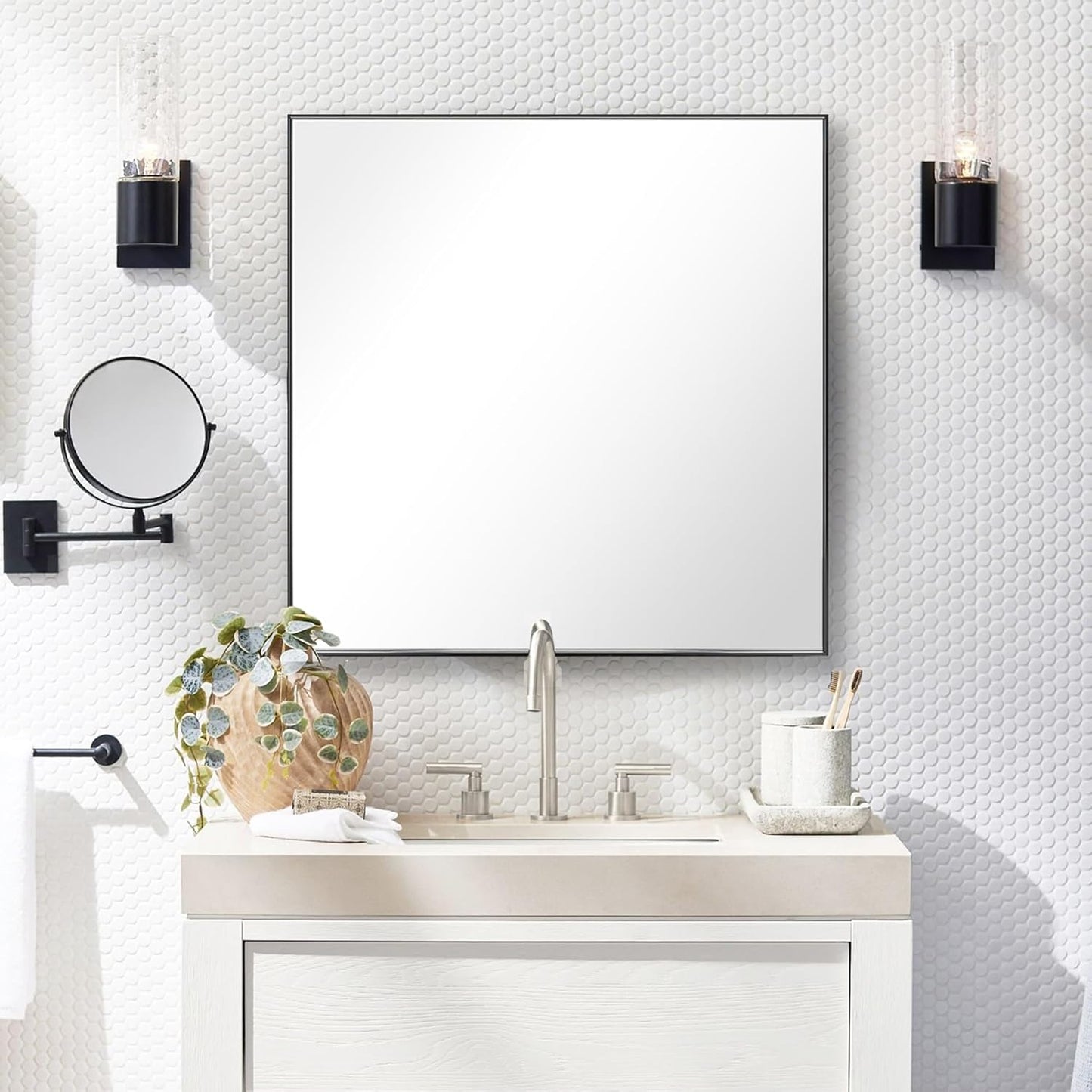 28x28 Inch Black Bathroom Mirror for Wall, Aluminum Frame Rectangle Rectangular Vanity Mirror, Modern Large for Bedroom, Living Room, Horizontal or Vertical