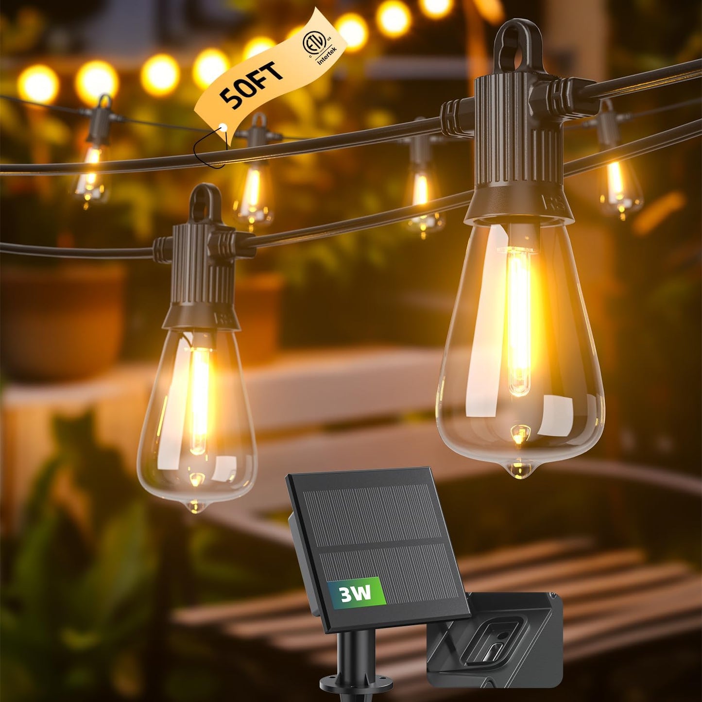 Kawaya Solar Powered String Lights: 50 FT LED Outdoor Patio Hanging Lights With 25+2 Edison Bulbs - USB-Charging - IP65 Waterproof