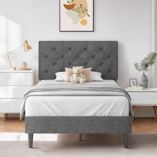 HOMBCK Twin Size Bed Frame, Gray Linen Fabric Upholstered Bed Frame with Headboard, Twin Bed Frames for Kids, Wood Slats, Button Tufted, No Box Spring Needed, Light Grey