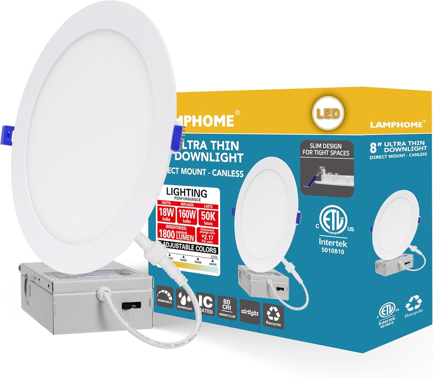 LAMPHOME 1-Pack of 8-Inch Slim LED Recessed Lights with Junction Box, Adjustable Color Temperatures (2700K-5000K), 18W Equivalent to 125W, Dimmable, 1600LM Brightness - ETL and Energy Star Certified