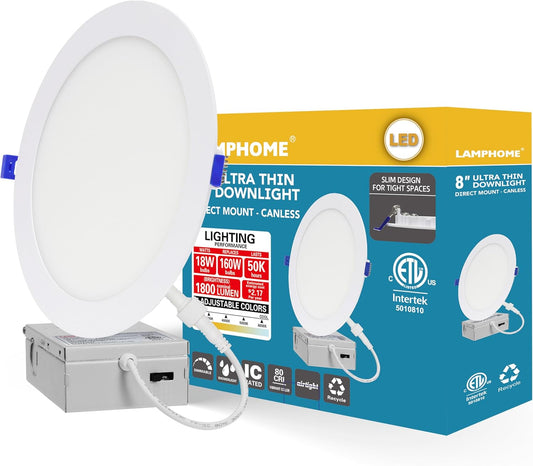 LAMPHOME 1-Pack of 8-Inch Slim LED Recessed Lights with Junction Box, Adjustable Color Temperatures (2700K-5000K), 18W Equivalent to 125W, Dimmable, 1600LM Brightness - ETL and Energy Star Certified