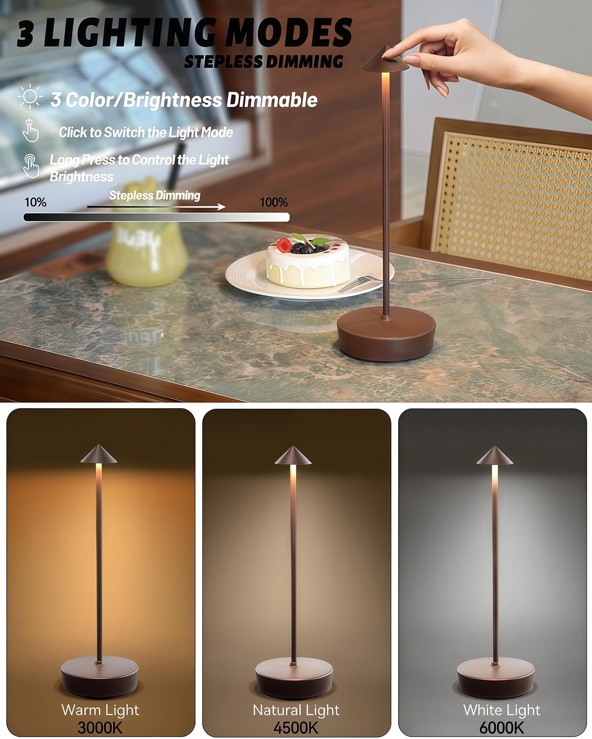 2 Packs Rust Cordless Rechargeable Table Lamp 7200mAh Portable Touch Control LED Dimmable Rusty Table Lamp for Bedroom Reading