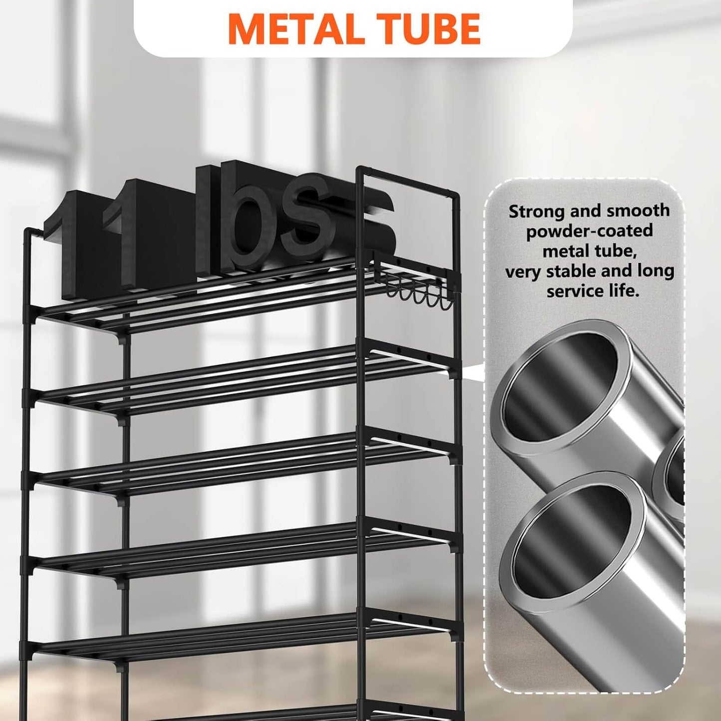 8 Tiers Metal Shoe Rack,Adjustable Shoe Shelf Storage Organizer with Hooks,Stackable Boot & Shoe Storage,for Entryway,Hallway,Closet,Black