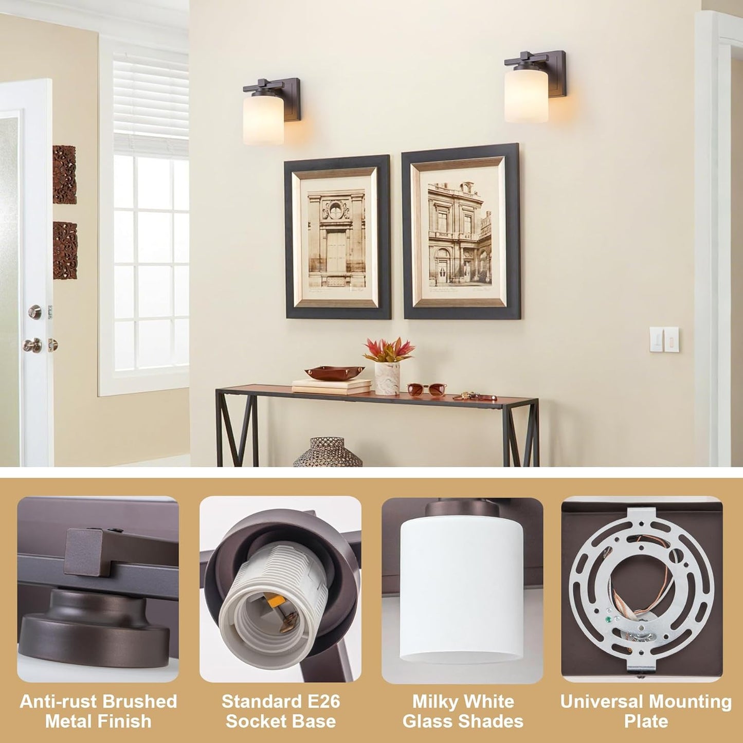 1 Light Modern Bathroom Light Fixtures Over Mirror, Bronze Finish Vanity Lights for Bathroom Wall Sconces with Milky White Glass Shades, E26 Socket (Bulbs Not Included)