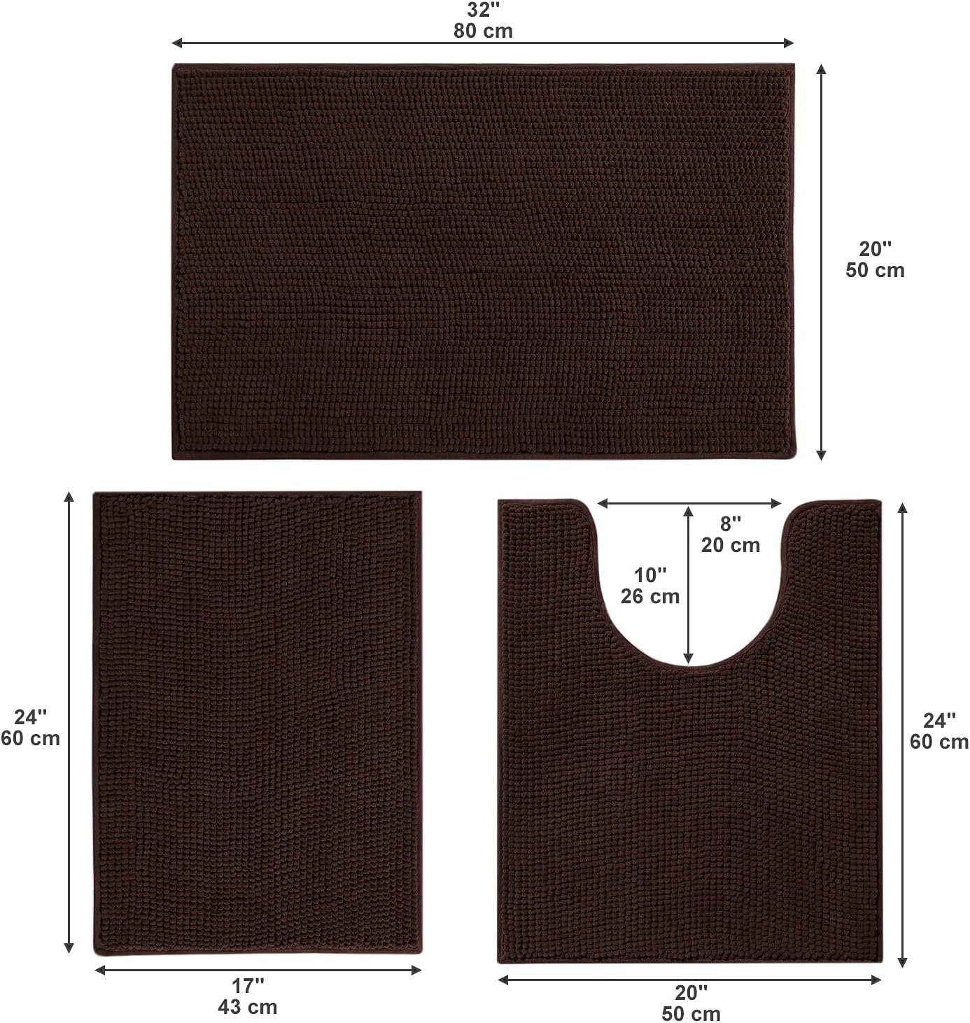 Urvoix Bathroom Rugs Set - 3 Pieces Ultra Soft Non-Slip Bath Mats, Chenille Absorbent Bath Rugs for Bathroom, Tub and Shower (Brown)
