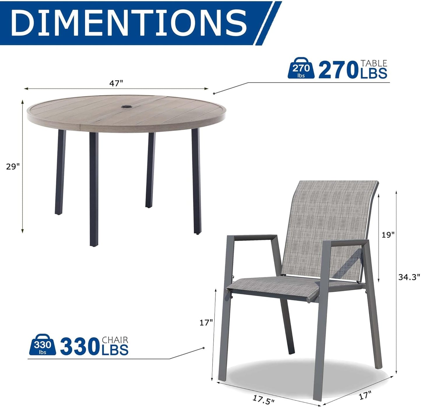 7 Piece Outdoor Dining Set, Patio Table and Chairs Set of 6, 47" Honey Oak Round Patio Table with 6 Grey Stackable Patio Chairs for Lawn, Garden, Porch