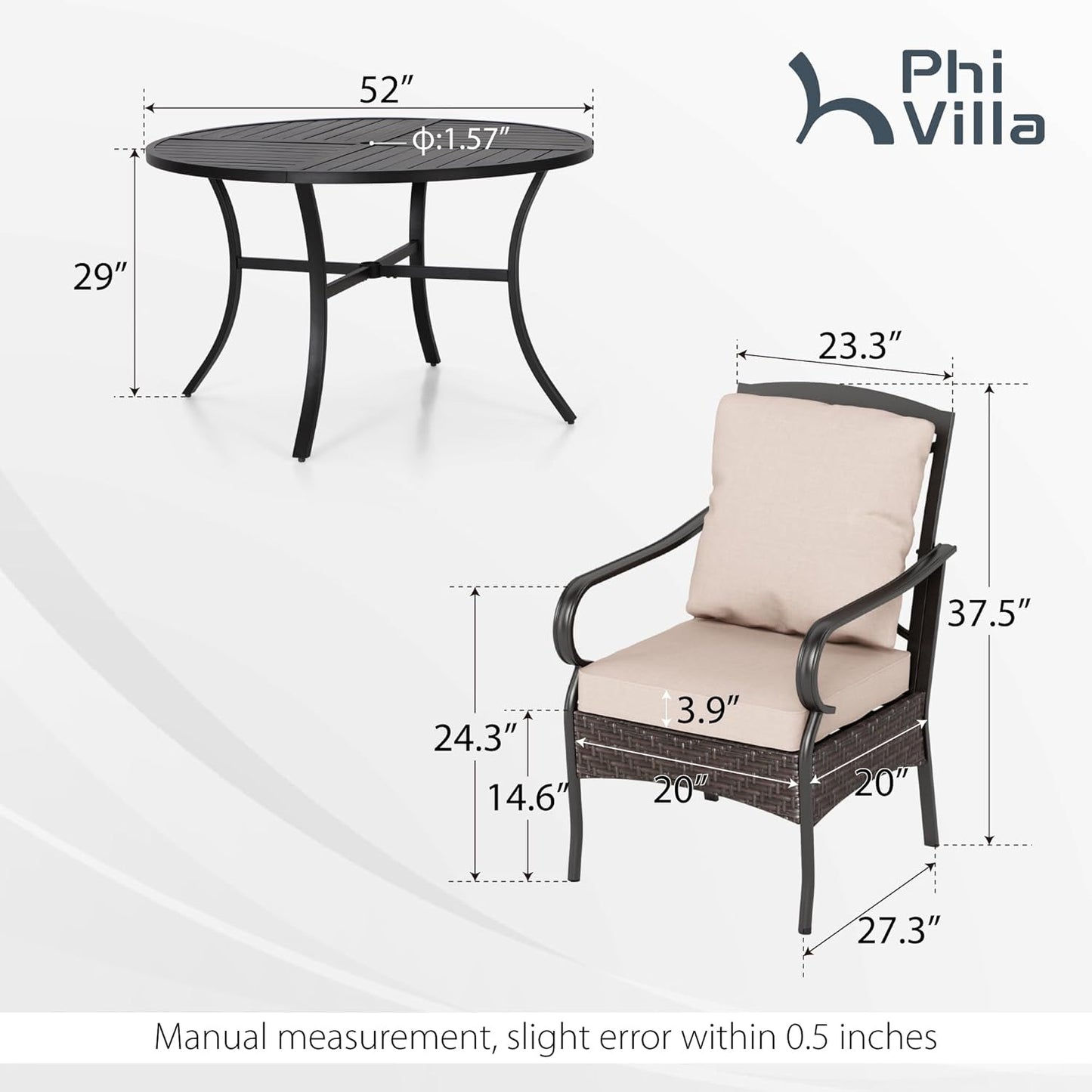 PHI VILLA 7 Pieces Patio Dining Set, Outdoor Round Table and Chairs for 6, 52" Round Dining Table with Umbrella Hole & 6 Heavy Metal Wicker Chairs with Thick Cushions
