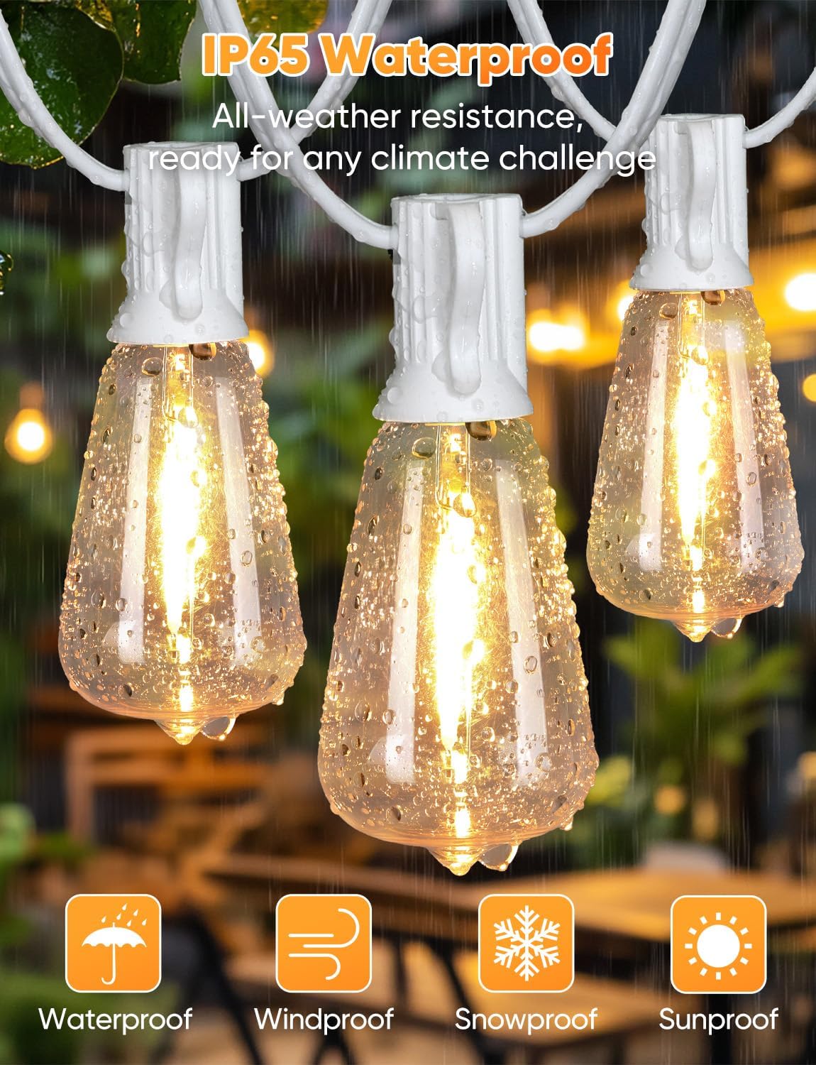 Brightever Outdoor String Lights with Remote, 200FT LED Patio Lights with 62 ST38 LED Filament Bulbs, 3 Lighting Modes, 3H/5H Timer, Waterproof IP65 String Light for Outside, E12 Socket Base, White