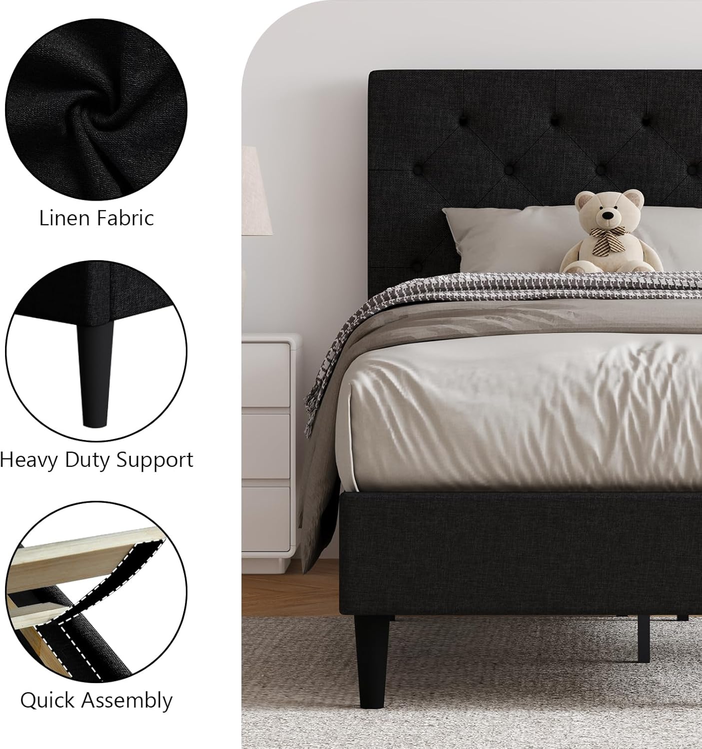 HOMBCK Twin Size Bed Frame with Headboard, Linen Fabric Upholstered Platform Bed Frame for Kids, Twin Bed Frame with Button Tufted, Wooden Slat Support, No Box Spring Needed, Easy Assembly, Black
