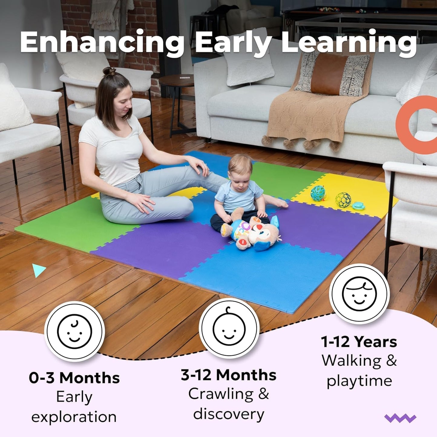 MioTetto Foam Floor Tiles for Kids - Non-Toxic Comfortable Baby Play Mat and Interlocking Foam Tiles, Fits with 74x74 Playpen Mat for Crawling & Development, Soft Play Mat for Babies 6-12 Months