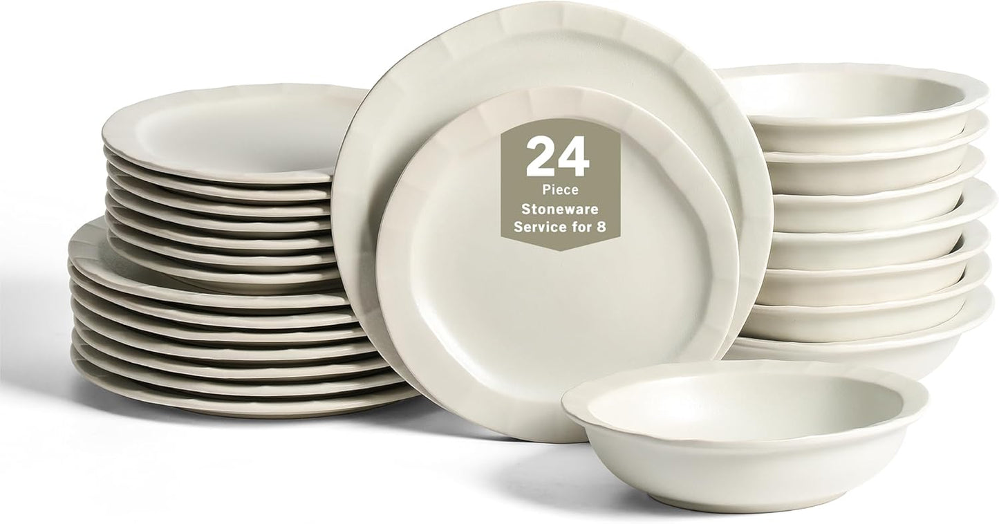 Stone Lain Oasis 24-Piece Dinnerware Set Stoneware, Dishwasher and Microwave Safe Plates and Bowls Set, Dish Set for 8, White