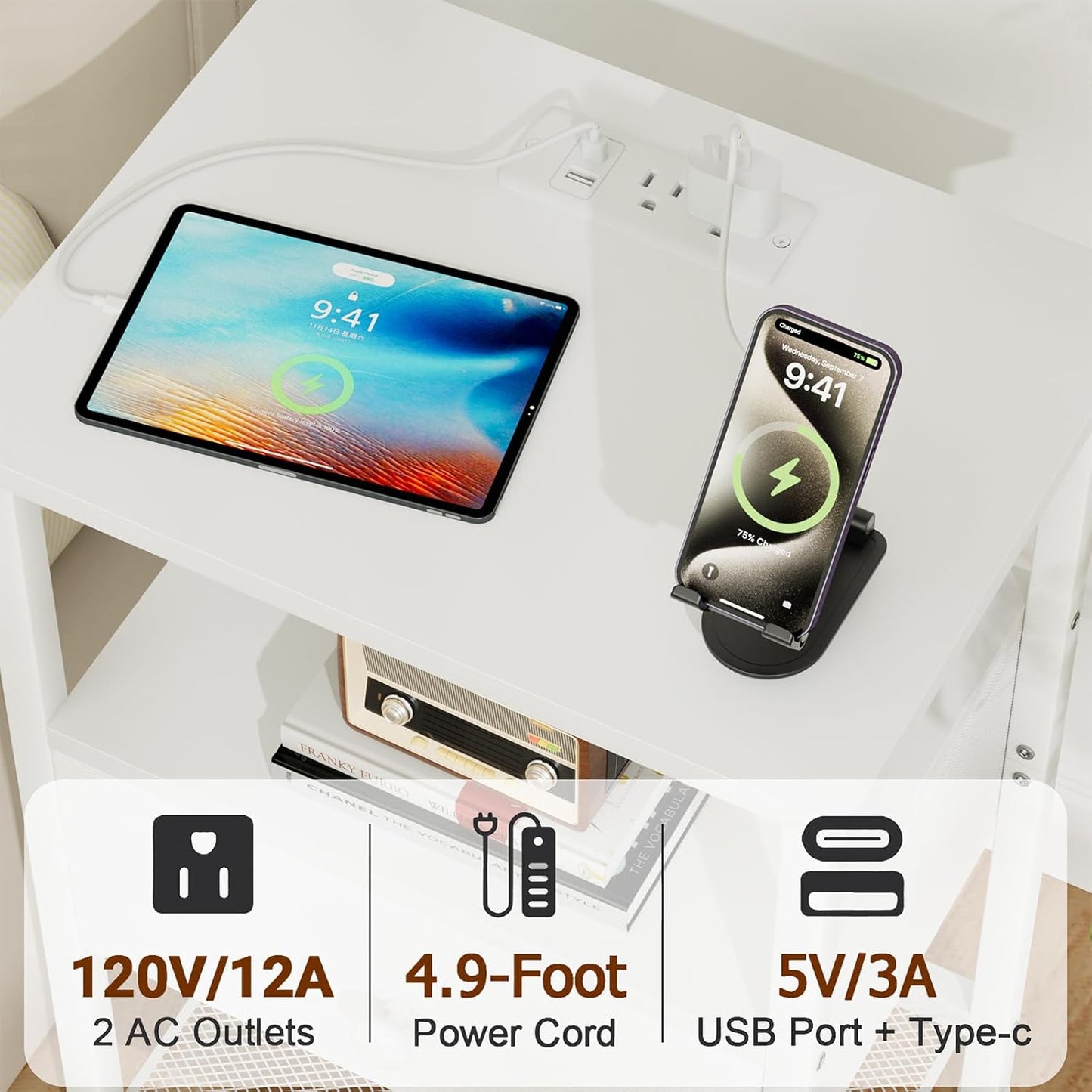 White Night Stand, Nightstand with Charging Station, End Table with Storage 2 Fabric Drawers for Bedroom, Small Bed Side Table with USB Ports and Outlets for Living Room, HETS020WT-1