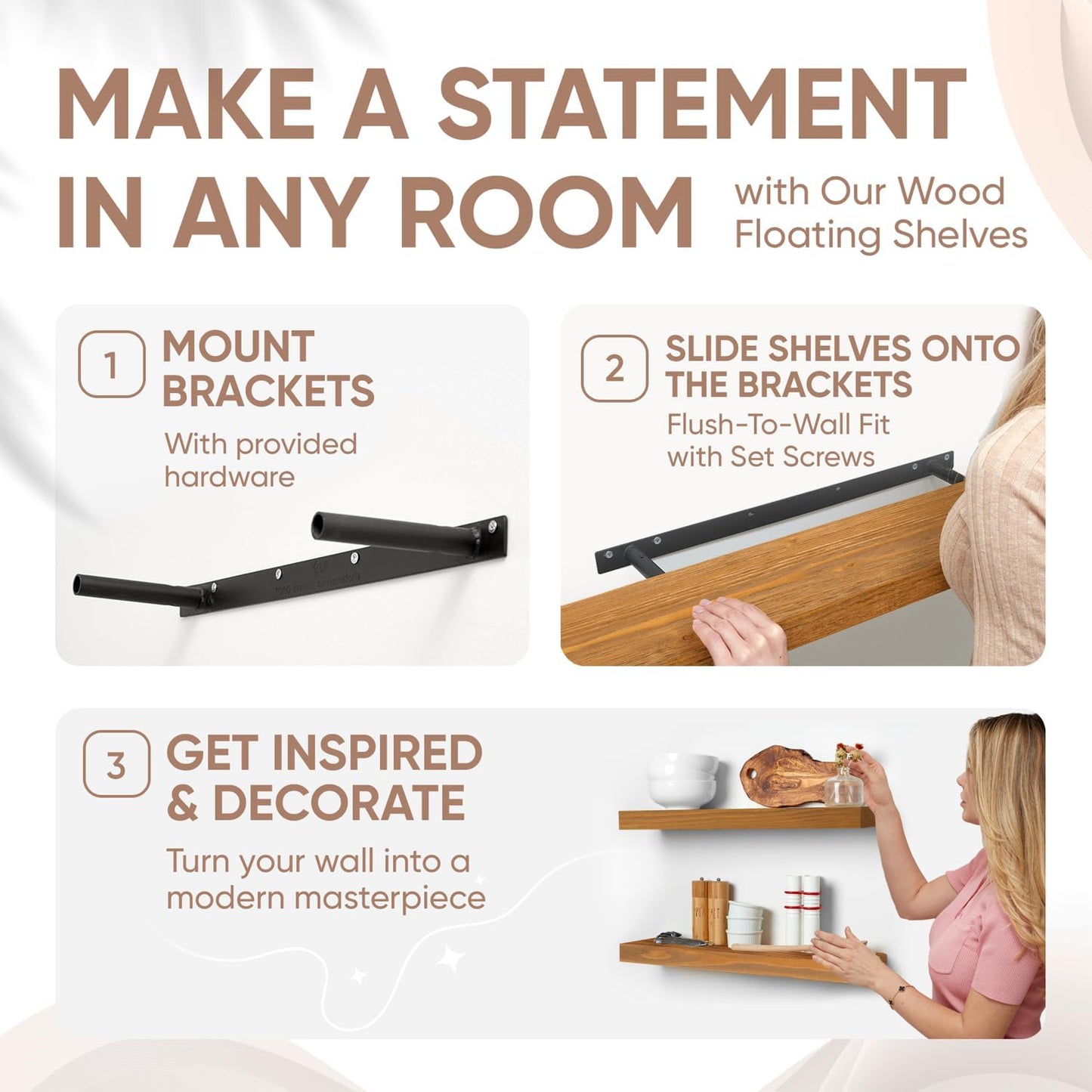 Homeforia 24 inch Golden Oak Floating Shelf, High End Solid Real Wood 24inch Small Floating Shelves for Wall Mounted, Oak Wooden 24in Floating Shelves, Heavy Duty Bracket, 24 X 6.5 X 1.75 in, Set of 2