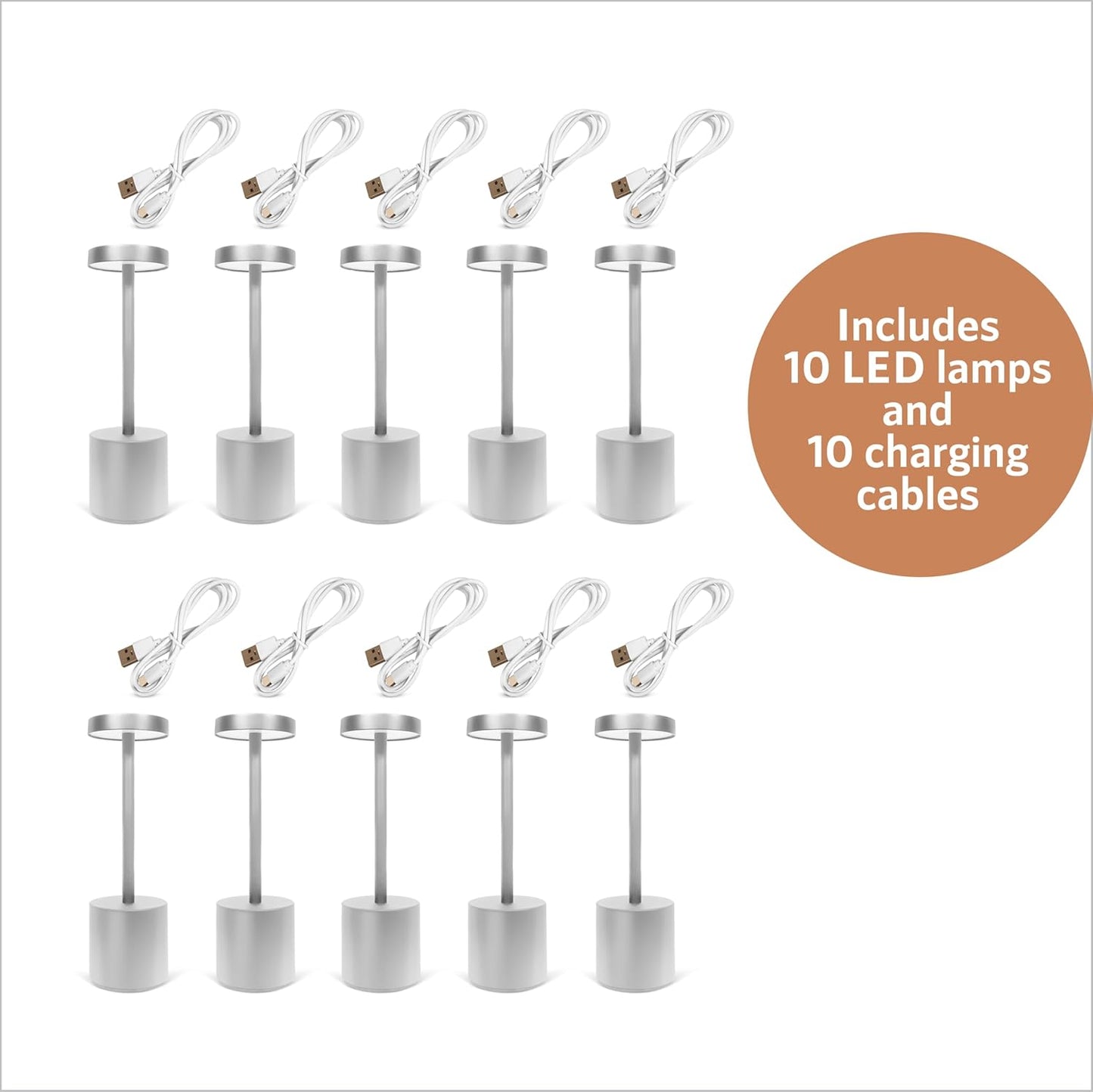 10 Pack - Silver Rechargeable Cordless Table Lamps, Portable LED Desk Lamps, Dimming 5000mAh Rechargeable Battery Powered LED Lighting for Restaurant,Bar, Bedroom, Outdoor, Party