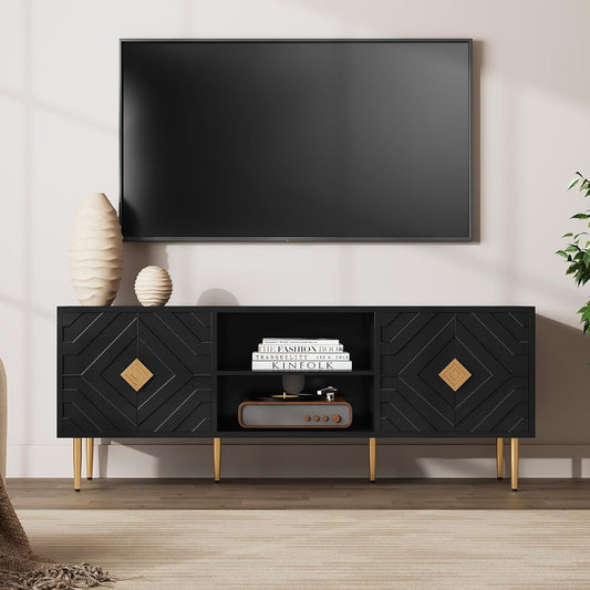 HLR 63''Modern Black TV Stand for 65/70/75 inch TV, Entertainment Center with Storage Cabinet, Mid CenturyTV Console,Embossed Pattern TV Stand, TV Media Console for Living Room, Bedroom