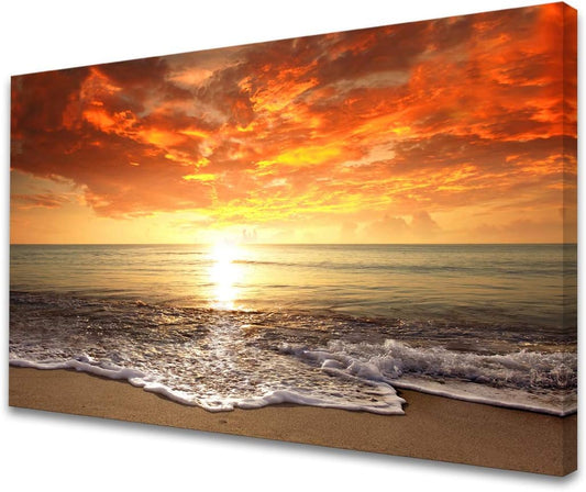 Baisuart-S0169 Canvas Prints Wall Art Sunset Ocean Beach Pictures Photo Paintings for Living Room Bedroom Home Decorations Modern Stretched and Framed Seascape Waves Landscape Giclee Artwork