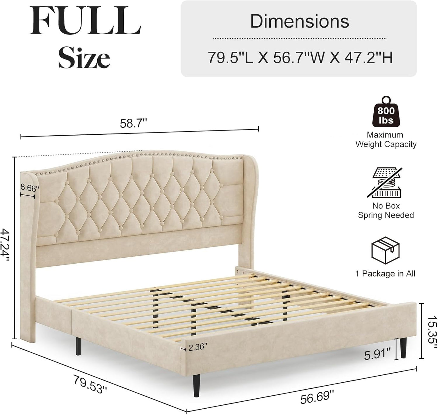 Belffin Full Size Bed Frame with Headboard, Luxury Upholstered Velvet Platform Bed with Wingback, Button Tufted & Nailhead Trim, Anti-Slide Tall Footboard, No Box Spring Needed, Noise-Free, Beige