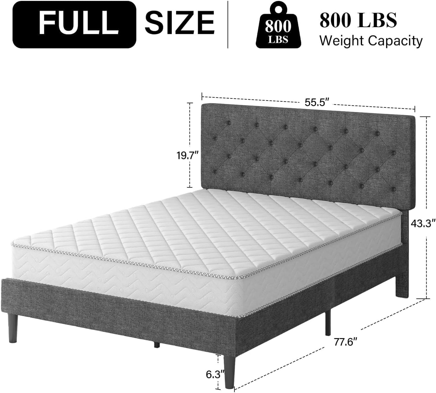 HOMBCK Full Bed Frame with Headboard, Linen Fabric Upholstered Bed Frame Full, Grey Bed Frame with Wood Slats, Button Tufted, No Box Spring Needed, Light Grey