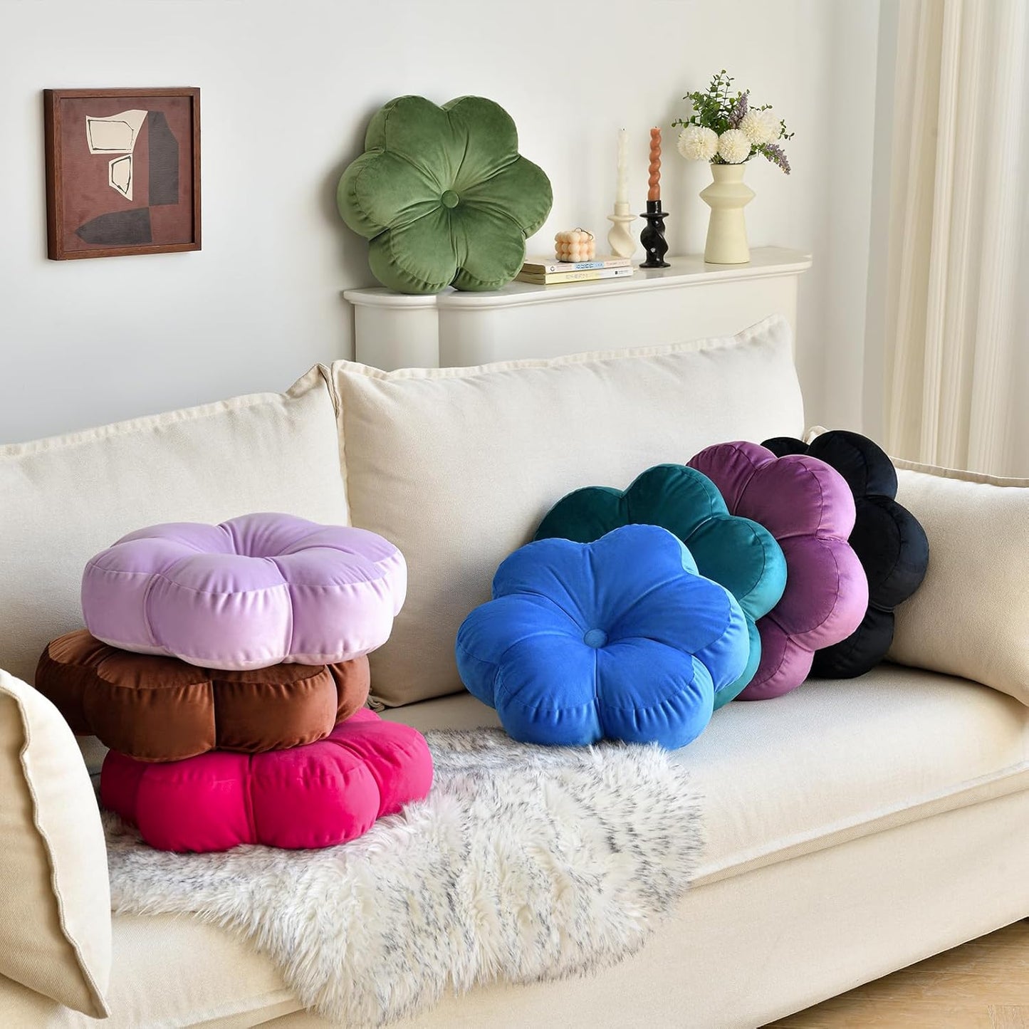 Xuyier Flower Pillow, Flower Shaped Throw Pillows with Velvet for Couch Bed Sofa Chair, Cute Home Decor Floor Seating Cushion Pillows for Living Room Bedroom(15 Inches, Lavender)