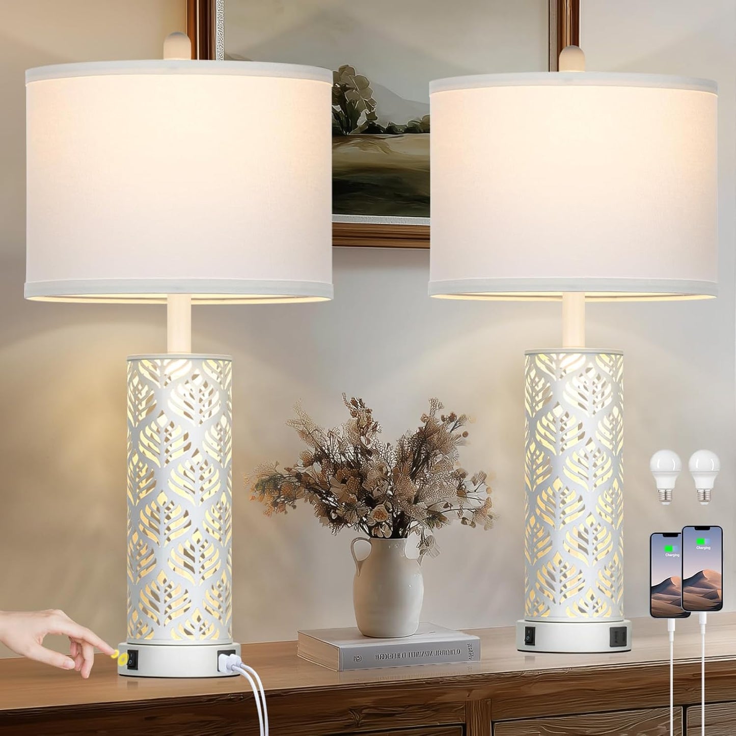 Set of 2 Rustic Table Lamps for Living Room Bedroom, Vintage Farmhouse Nightstand Lamp with 2 USB Ports, Hollow Out Metel Lamp for End Table with Nightlight (White)