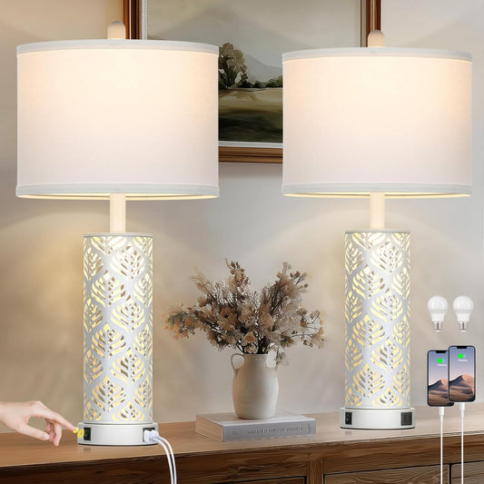 Set of 2 Rustic Table Lamps for Living Room Bedroom, Vintage Farmhouse Nightstand Lamp with 2 USB Ports, Hollow Out Metel Lamp for End Table with Nightlight (White)
