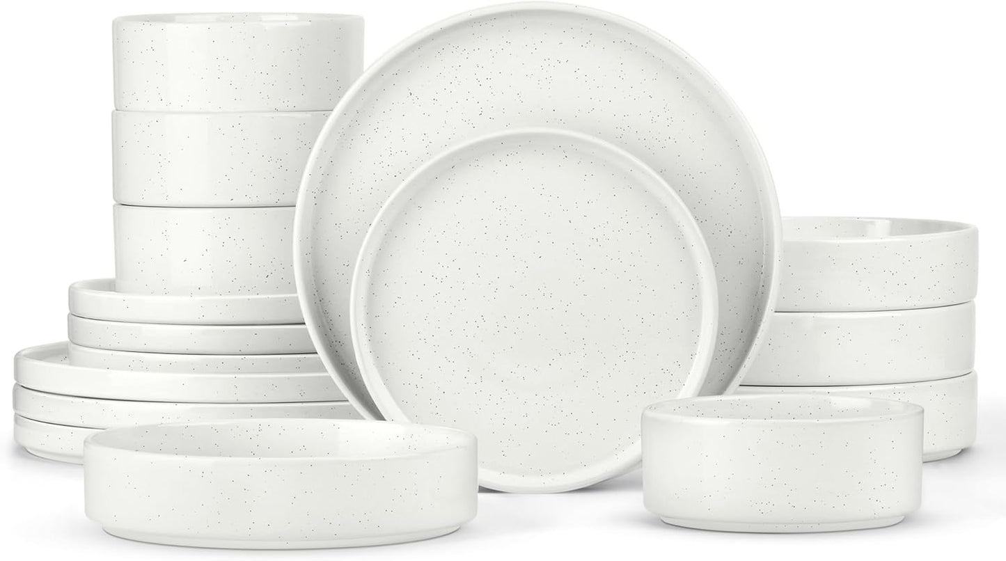Herogo Dinnerware Sets with Pasta Bowls, 16 Piece Plates and Bowls Set for 4, Stoneware Dinner Dishes for Kitchen Dining, Dishwasher & Microwave Safe, Speckled White