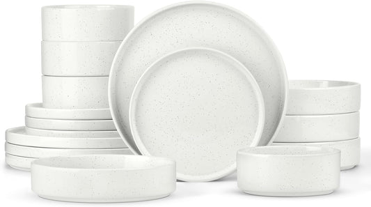 Herogo Dinnerware Sets with Pasta Bowls, 16 Piece Plates and Bowls Set for 4, Stoneware Dinner Dishes for Kitchen Dining, Dishwasher & Microwave Safe, Speckled White