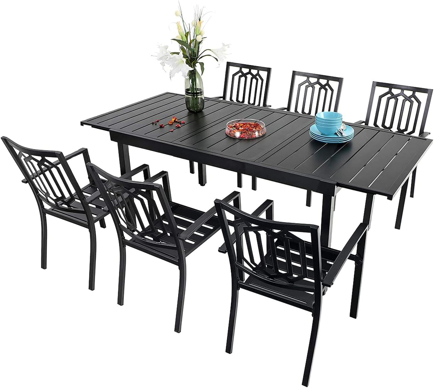 PHI VILLA 7 Piece Patio Dining Table Set, Expandable Rectangular Metal Dining Table & 6 Steel Patio Chairs for Outdoor, Deck, Yard