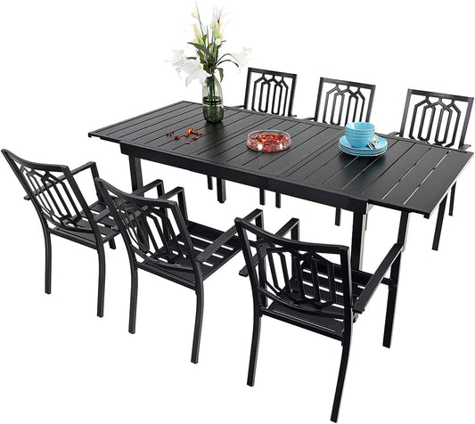 PHI VILLA 7 Piece Patio Dining Table Set, Expandable Rectangular Metal Dining Table & 6 Steel Patio Chairs for Outdoor, Deck, Yard