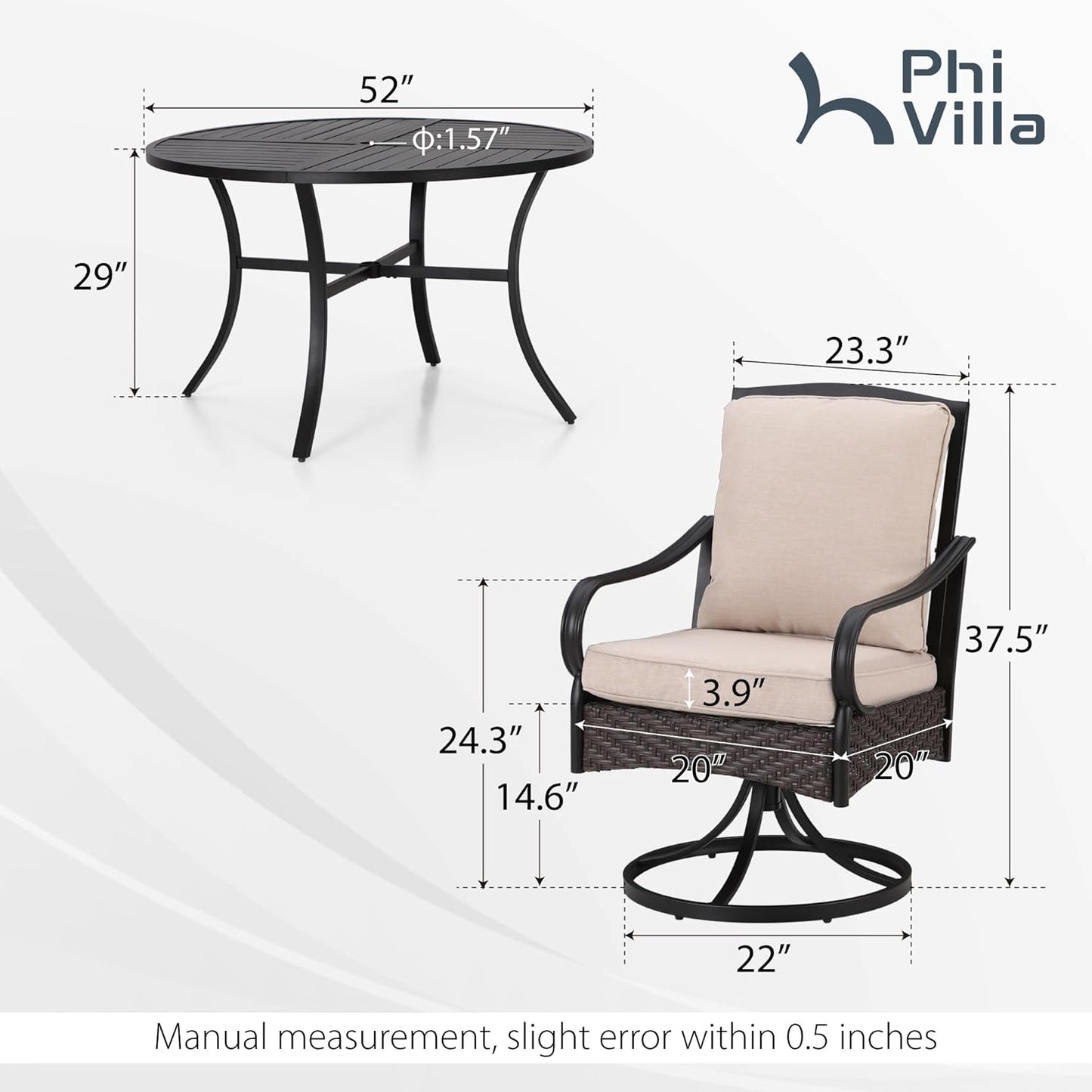PHI VILLA Heavy Duty Outdoor Dining Set, 7-Piece Round Patio Table Set, 52" Round Dining Table with Umbrella Hole & 6 Outdoor Swivel Rocking Chairs with Thick Cushions