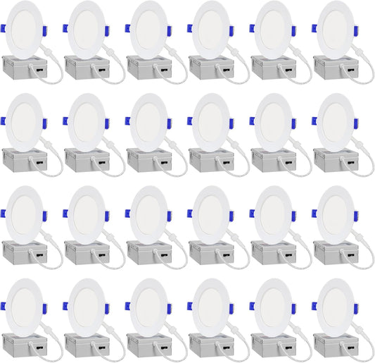 LAMPHOME 24-Pack of 4-Inch Slim LED Recessed Lights with Junction Box, Adjustable Color Temperatures (2700K-5000K), 9W Equivalent to 75W, Dimmable, 950LM Brightness - ETL and Energy Star Certified
