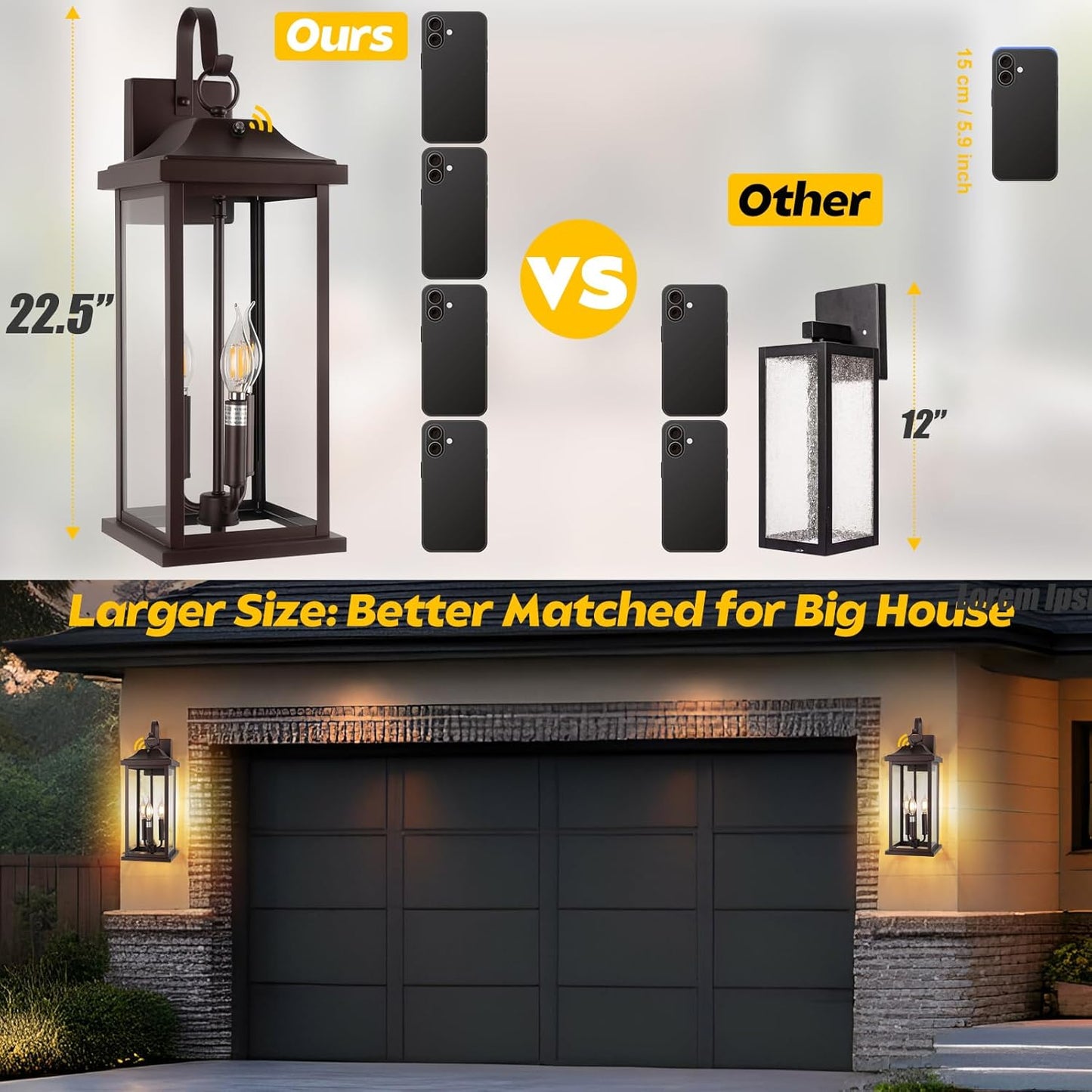 1-Pack 23” Dusk to Dawn Outdoor Light Fixture Oil Rubbed Bronze 3-Light, Extra Large Exterior Lighting Photocell Sensor Outside Wall Lantern for House Brown Porch Garage Light, E12