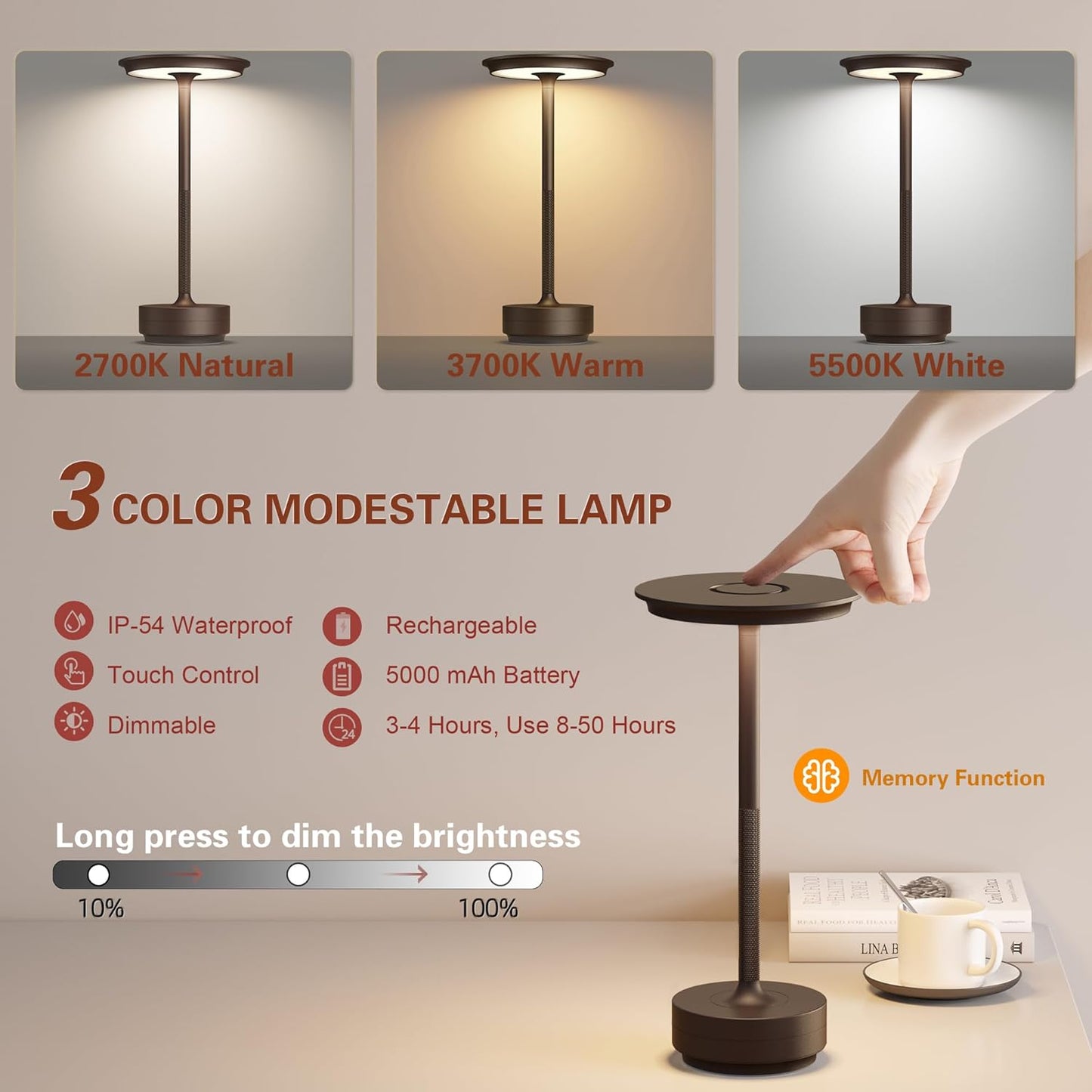 Cordless Table Lamp,USB Portable Rechargeable 5000mAh Outdoor LED Table Light,3 Levels of Brightness Infinitely Dimmable Touch Battery Powered Table Lamp,Dining/Patio/Nightstand(Brown)