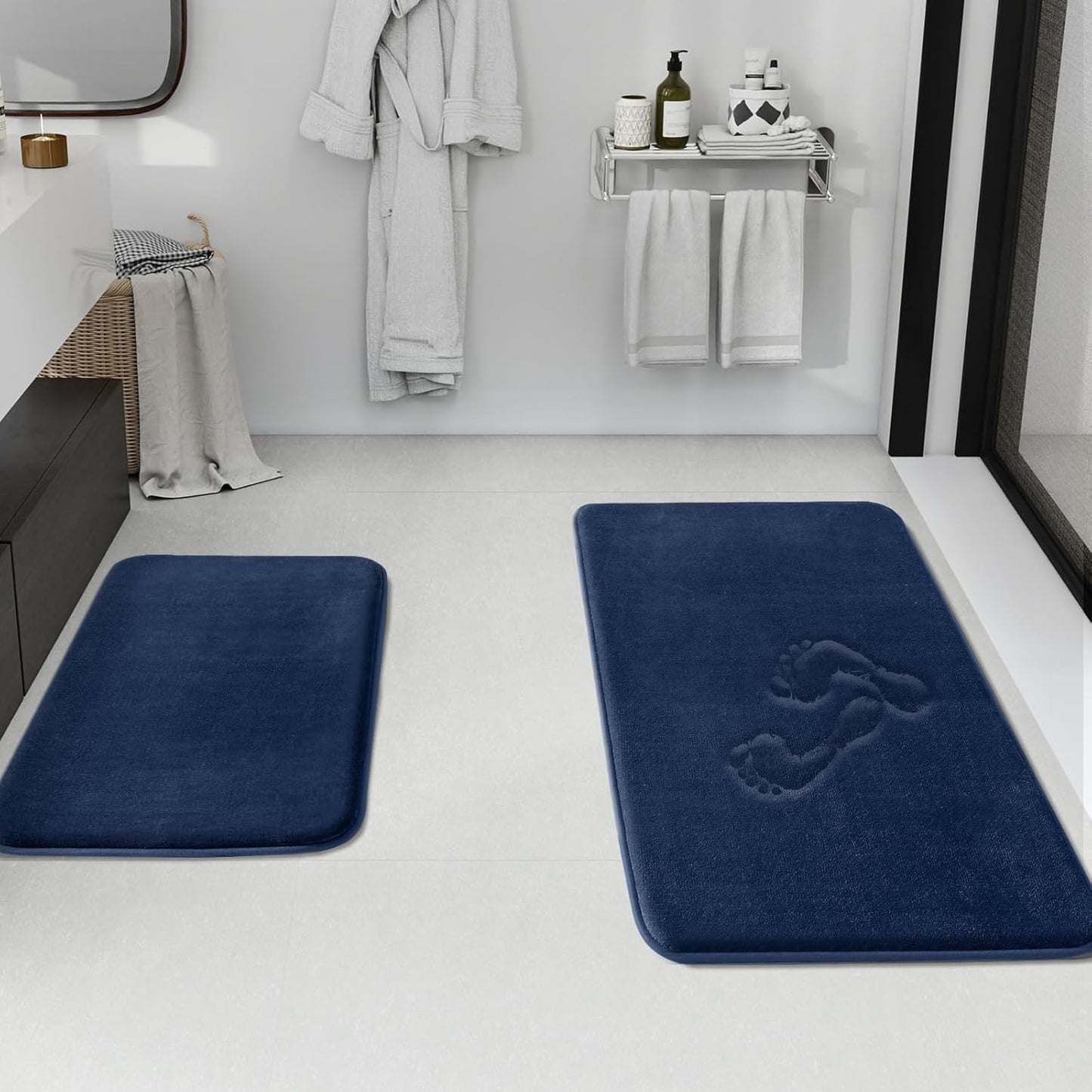 HUXMEYSON Bathroom Rugs Sets 2 Piece, Non-Slip & Quick Dry Bath Mat Set, Ultra Soft Velvet Bath Rugs for Bathroom, Toilet and Shower Floor, Navy