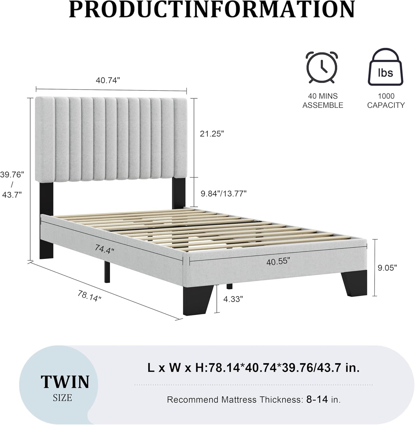 Twin Size Bed Frame with Adjustable Tufted Headboard – Linen Upholstered Platform Bed, Sturdy Frame & Slats, No Box Spring Needed, Noise-Free, Easy Assembly (Gray, Twin)