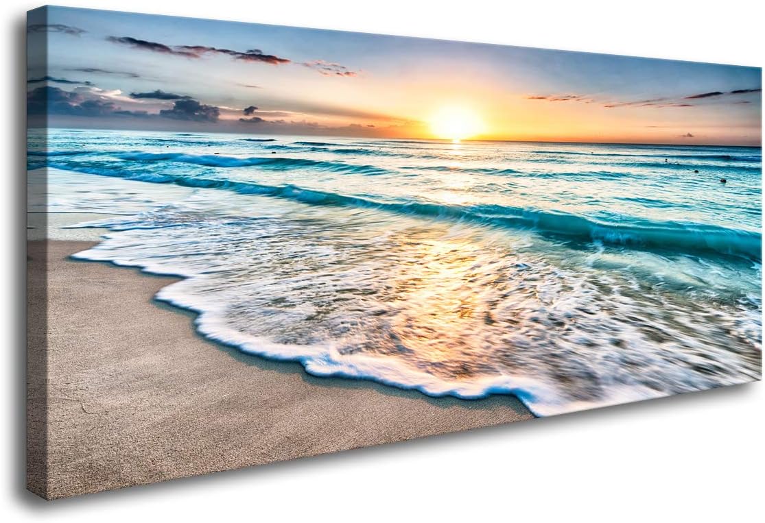 Baisuart S02262 Canvas Prints Wall Art Beach Sunset Ocean Waves Nature Pictures Stretched Canvas Wooden Framed for living Room Bedroom and Office