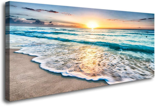 Baisuart S02262 Canvas Prints Wall Art Beach Sunset Ocean Waves Nature Pictures Stretched Canvas Wooden Framed for living Room Bedroom and Office