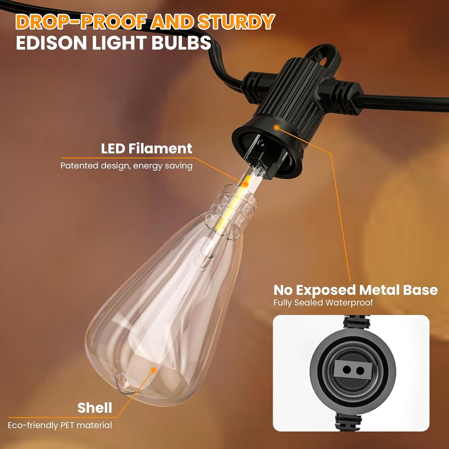 Kawaya Outdoor String Lights for Patio - ST38 Outside IP64 Waterproof Hanging Light with 2700k~6000k Dimmable - 50FT Led Edison Lights for Cafe Bistro Yard Gazebo Porch