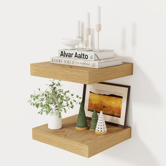 Fun Memories 12 Inch Floating Shelf, Rustic Wood Wall Shelves for Wall Decor & Storage, 12 x 12 Floating Shelf for Living Room, Bathroom, Bedroom, Oak, Set of 2
