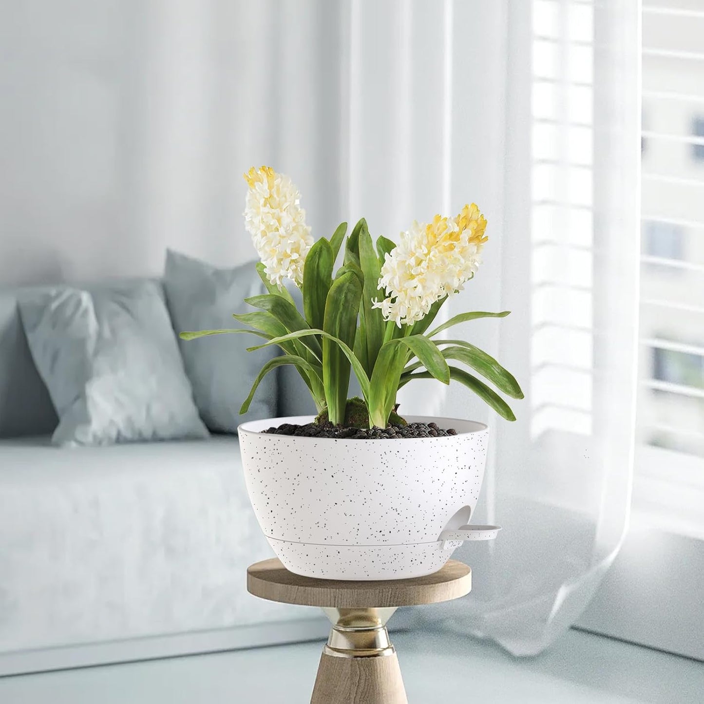 10 Inch Hanging Baskets 2 PC with Chains, Self-Watering Hanging Planters for Indoor Outdoor Plants, Plastic Hanging Flower Pots,Speckled White