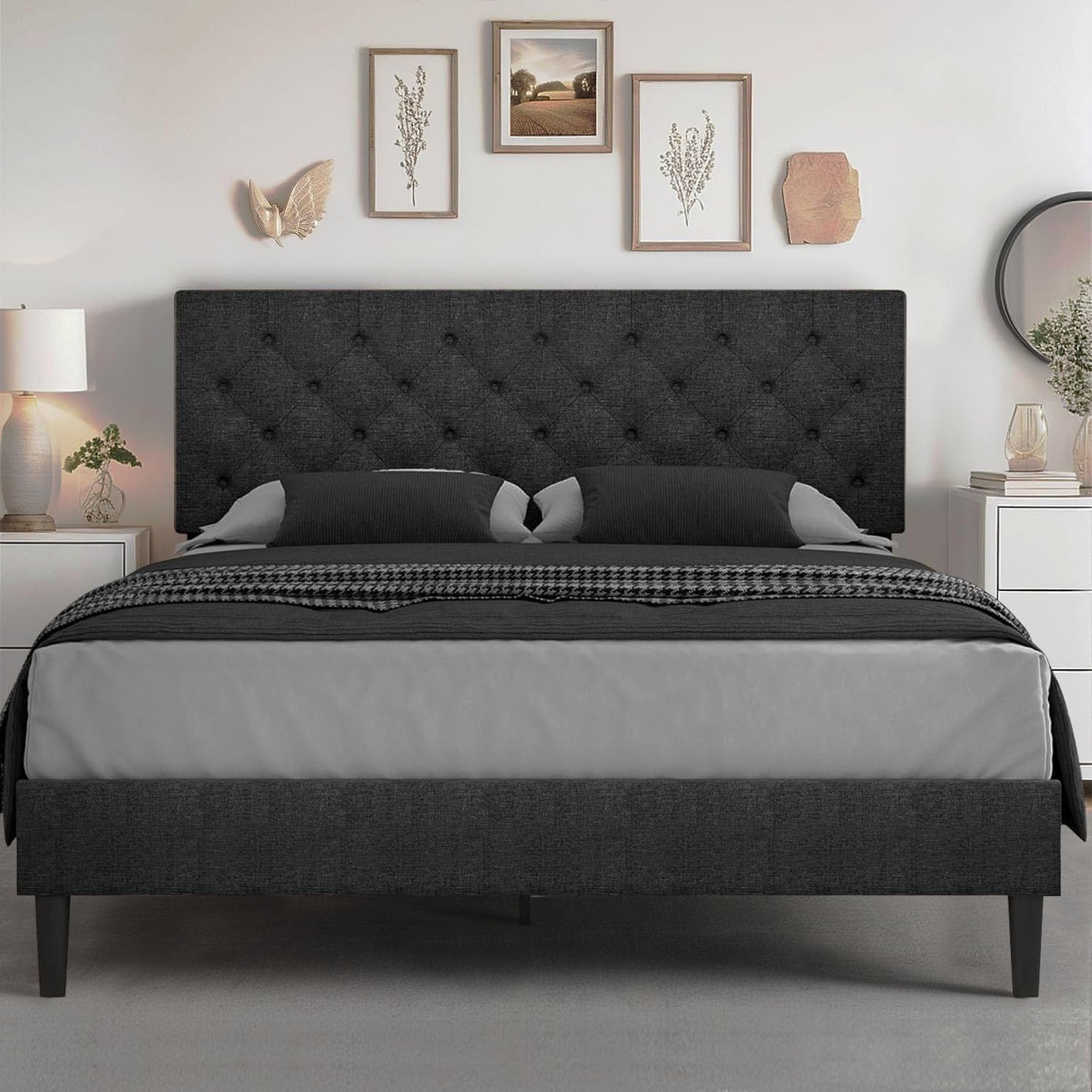 HOMBCK Queen Bed Frame with Headboard, Linen Fabric Upholstered Bed Frame Queen, Wood Slats Support, Button Tufted, No Box Spring Needed, Dark Grey