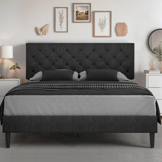 HOMBCK Queen Bed Frame with Headboard, Linen Fabric Upholstered Bed Frame Queen, Wood Slats Support, Button Tufted, No Box Spring Needed, Dark Grey
