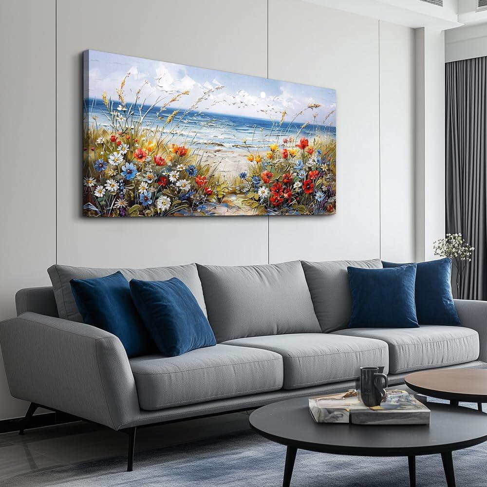 MHARTK66 Canvas Wall Art For Living Room Farmhouse Bedroom Wall Painting Blue Beach Ocean Pictures Office Photos Watercolor Wall Decor Flowers Nature Artwork For Walls Modern Home Decorations