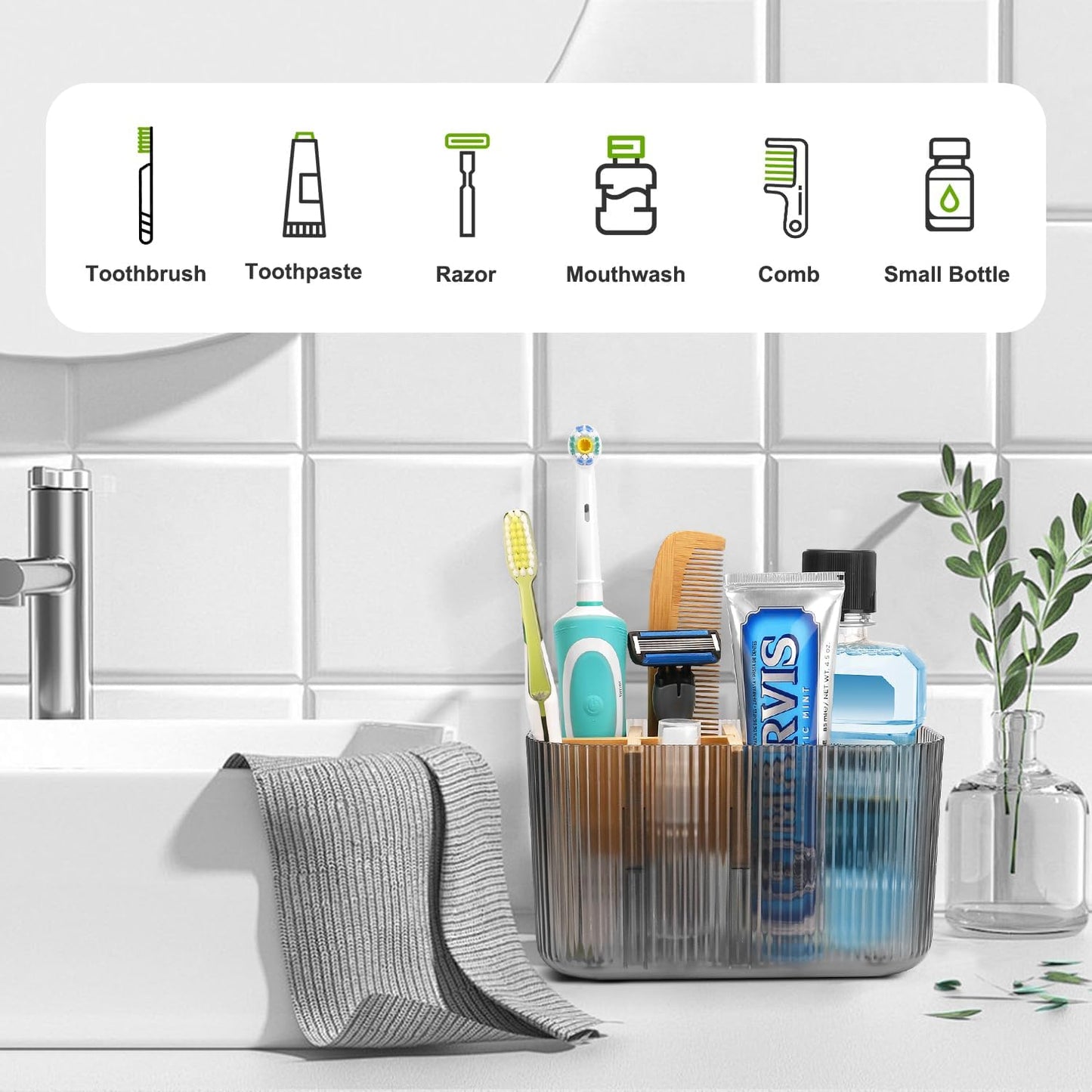 Black Bathroom Accessories - 5 Slots Toothbrush Holders for Bathrooms Sink Organizer Countertop Kids Bathroom Storage Caddy Decor