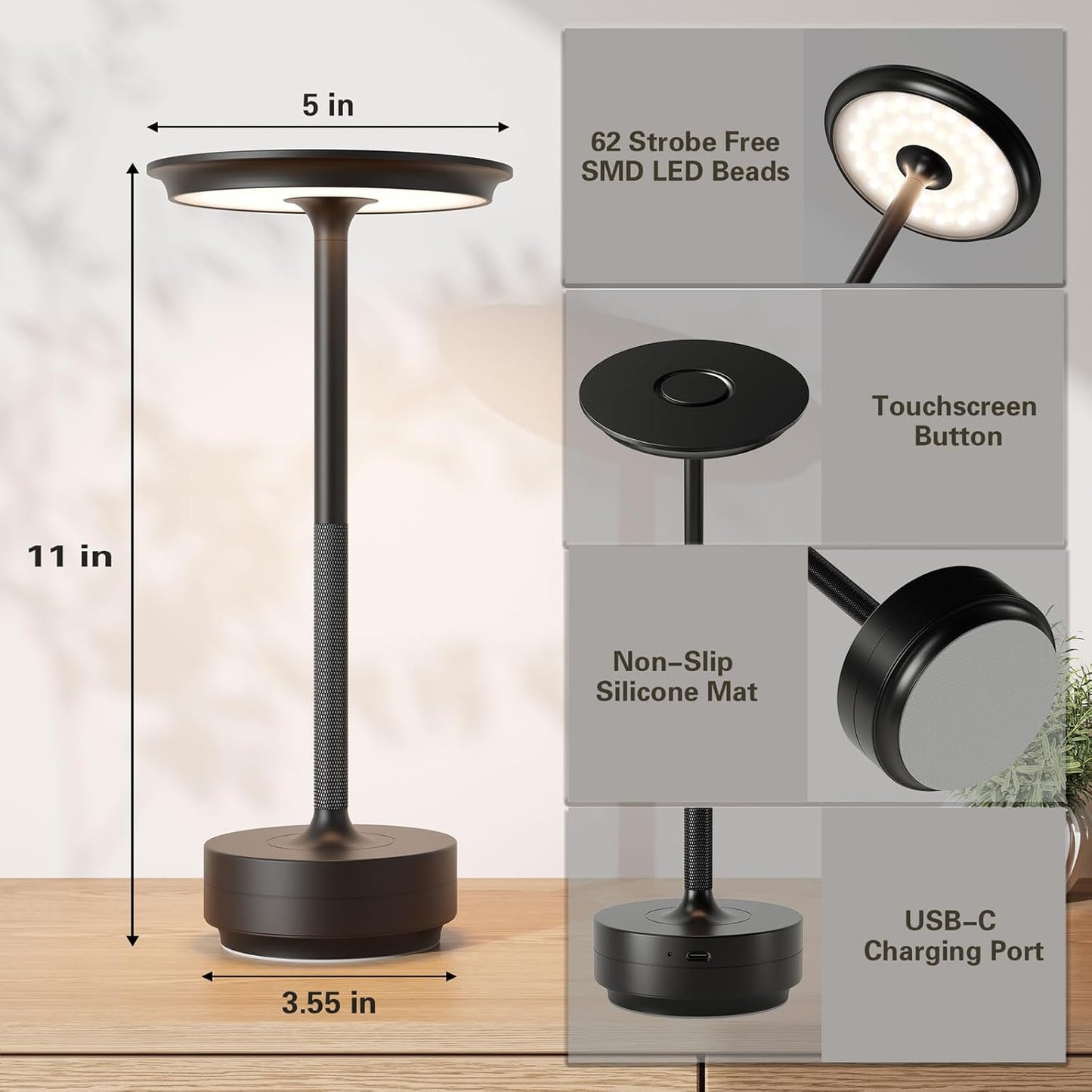 LED Cordless Table Lamp Set of 2,Rechargeable Battery Operated 3 Levels Brightness with Memory Function IP54 Waterproof Portable Lights for Outdoor Patio,Travel,Cafe,Restaurant,(Black)