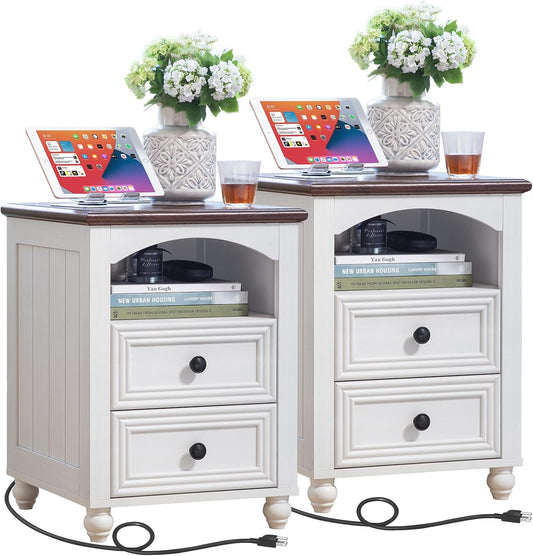 18" Farmhouse Night Stands Set of 2 with Charging Station, Wooden Nightstand with 2 Drawers, Bedside End Table with Storage, Bed Side Tables Cabinet for Bedroom, Living Room, and Closet(White)
