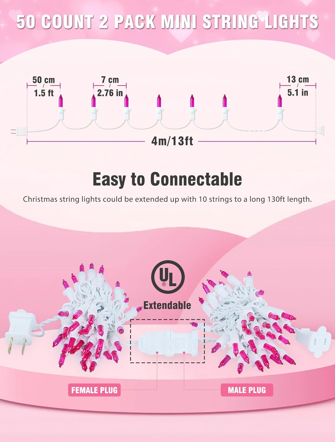Hopolon Pink Mini Christmas Lights,2 Pack 13FT 50Count Fairy String Light Set,White Wire Incandescent Pink Valentines Day Lights Connectable for Indoor Outdoor Wedding Birthday Valentine’s Day Decor