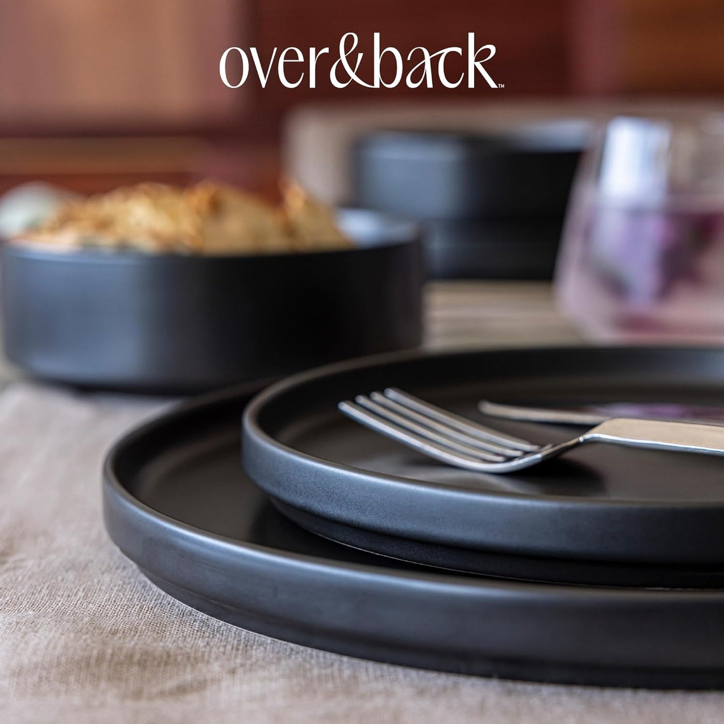 over&back 12-Piece Stackable Stoneware Dinnerware Set – Includes 4 Dinner Plates, 4 Salad Plates, 4 Cereal Bowls & 4 Dinner Bowls – Durable & Stylish Semi-Matte Black Dishes