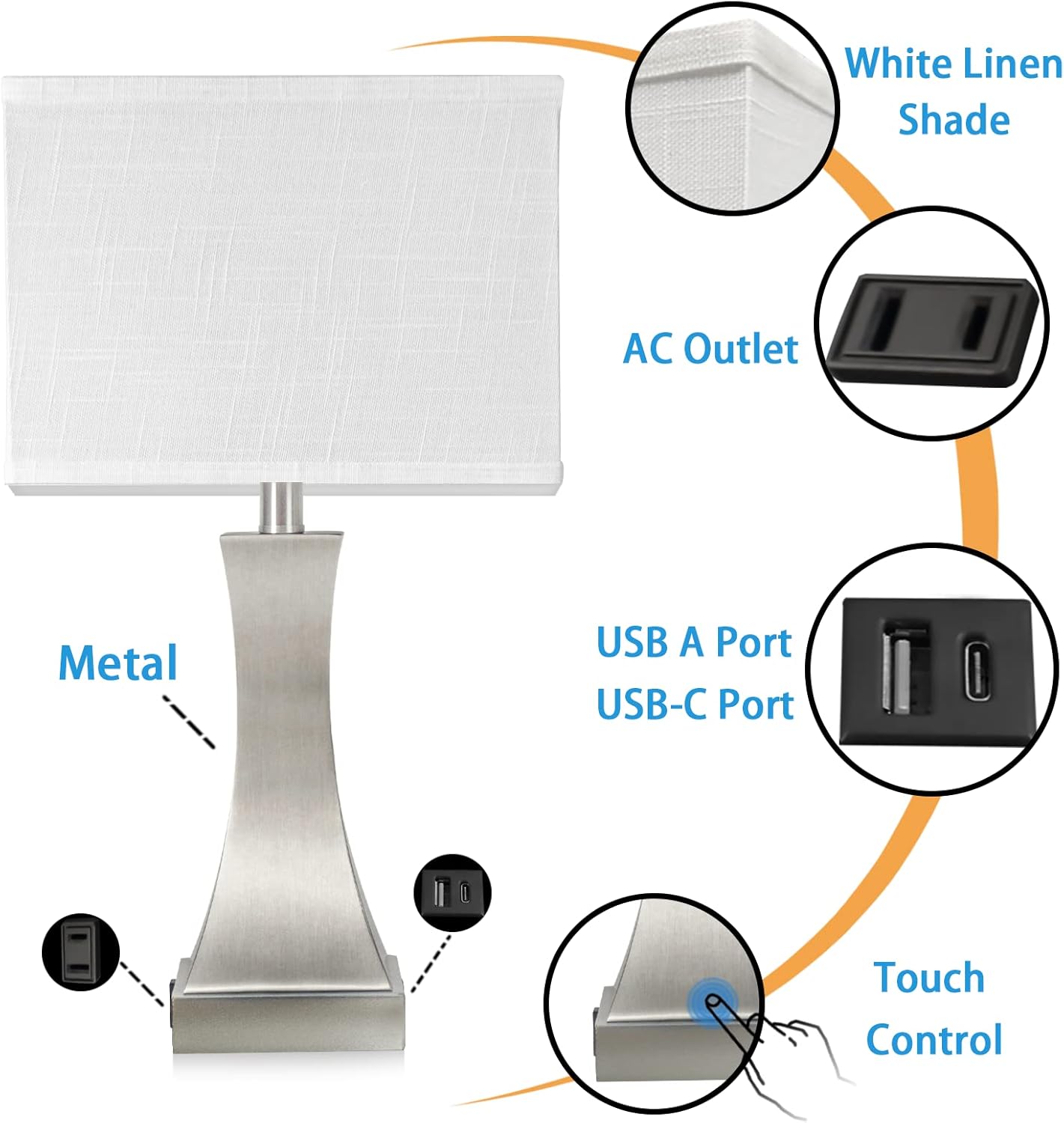 Table Lamp for Bedroom 3-Way Dimmable Touch Control Bedside Lamp with USB A+C Port & Outlet 21.6" Tall Nightstand Lamp for Living Room Bedroom Office and Hotel Bulb Included