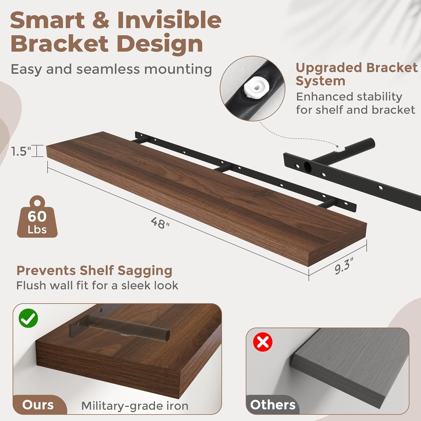 Floating Shelves for Wall with Invisible Brackets, Wall Mounted Engineered Wood Shelves with Wood Grain for Living Room, Bedroom, Bathroom, Kitchen Decor and Storage, Oak, 48"L Set of 2, Walnut